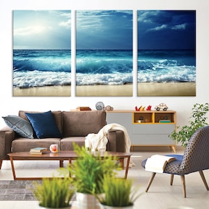 Ocean Waves on Beach 3-Piece Canvas Wall Art – Serene Coastal Seascape Print - Framed Ready to Hang