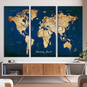 Navy Blue World Map Wall Art Canvas Print, Map for Travel Lover - Old Map Wall Art Canvas Print, Framed Ready to Hang Wall Art Canvas Print