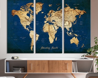 Navy Blue World Map Wall Art Canvas Print, Map for Travel Lover - Old Map Wall Art Canvas Print, Framed Ready to Hang Wall Art Canvas Print