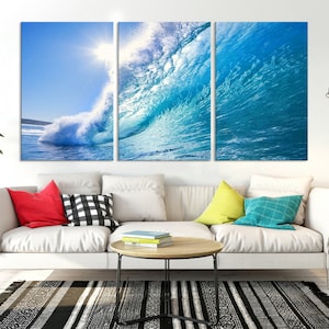 Canvasprint Ocean Wave Surf-drieluik – muurkunst kust voor decor strandhuis – zeegolffotografie met 3 panelen voor woonkamer of slaapkamer