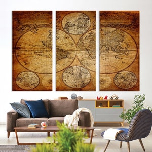 Antieke wereldkaart, kaart met meerdere panelen, oude ingelijste wereldkaart, Atlas-muurkunst, grote wereldkaart, universiteitsmuurkunst, historische wereldkaart