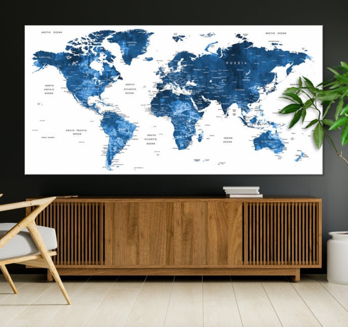 Large Blue Watercolor Push Pin World Map Wall Art Canvas Print for Home ...