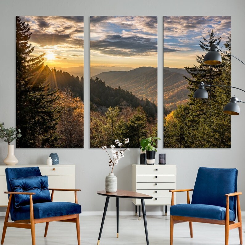 Sunrise in the Smoky Mountains Canvas Print | Landscape Wall Art | Sunset Mountain Forest Large Wall Art Canvas Print for Living Room Decor