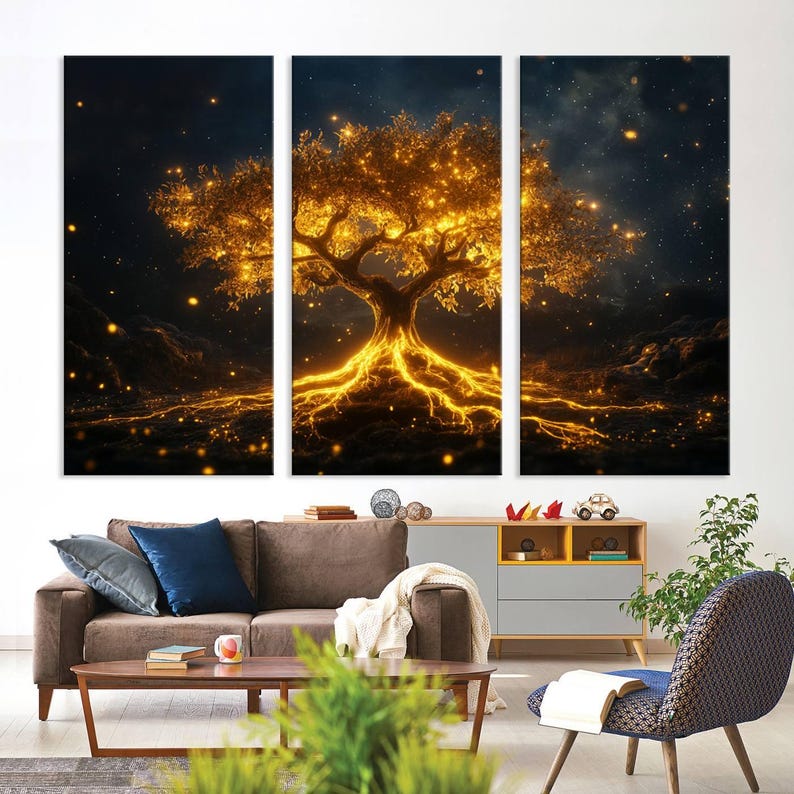 A large 3-panel canvas wall art depicting a luminous tree of life with glowing golden branches and roots against a dark, starry background. Mystical decor for living spaces.