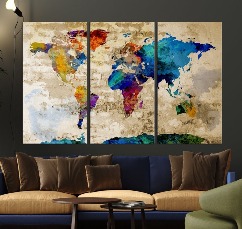 Watercolor World Map Canvas Print, Large World Map Wall Art Great ...