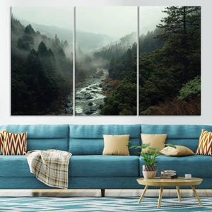 Misty Forest River Canvas Wall Art - 3 Piece Nature Landscape Wall Art ...