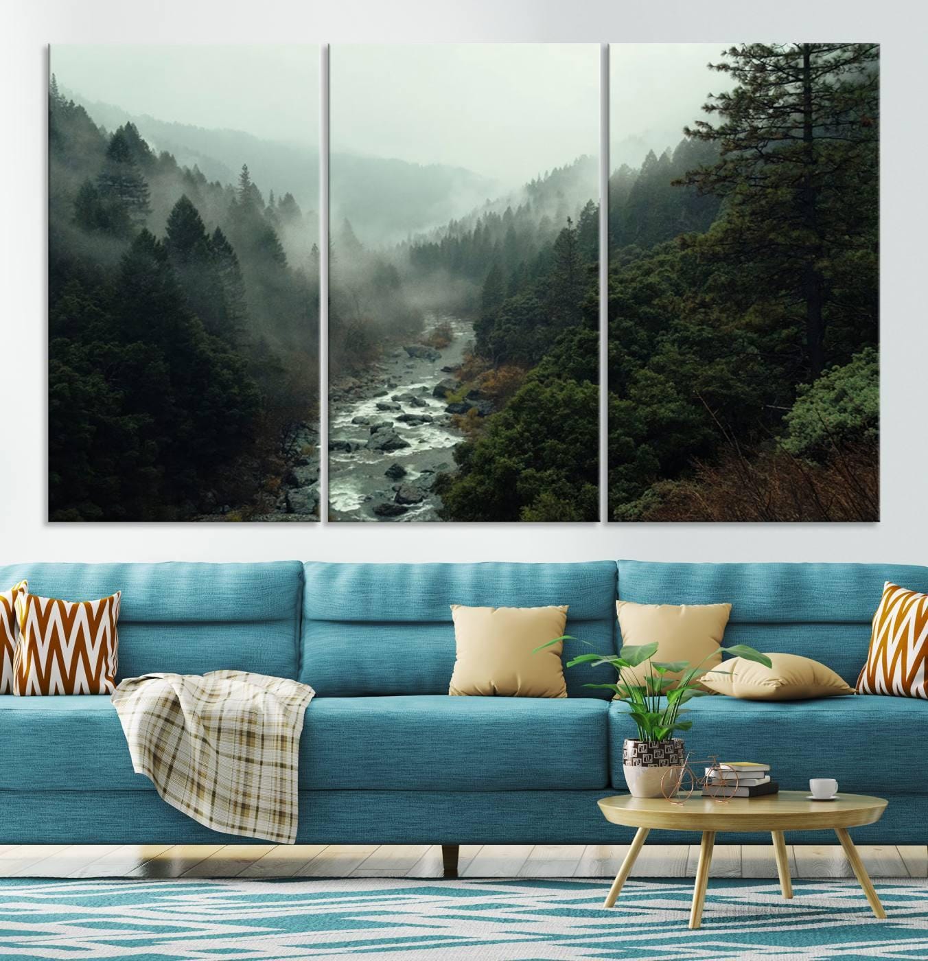 Misty Forest River Canvas Wall Art - 3 Piece Nature Landscape Wall Art ...