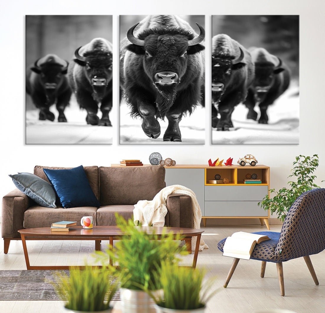 American Bison Herd Black and White Wall Art - Rustic Wildlife Canvas ...