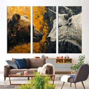 Bear vs Bull Canvas Wall Print, Wildlife Wall Canvas, Farmhouse Decor, Bear Bull Painting, Stock Market Bull Art, Bull Bear Multi Panel Art