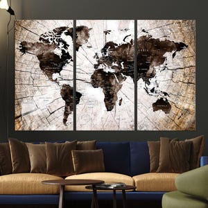 Mapa del mundo rústico de madera agrietada, mapa del mundo de 3 paneles, decoración de pared enmarcada, listo para colgar, mapa del mundo de estilo vintage, regalo de arte de pared