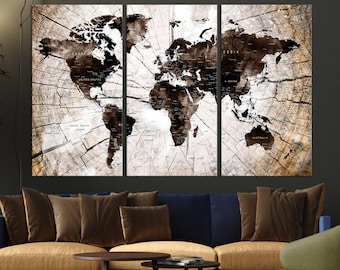 Rustic Cracked Wood World Map, 3 Panel Map Of the World, Framed Canvas Wall Decor, Ready to Hang, Vintage Style World Map, Wall Art Gift
