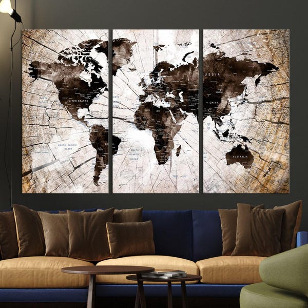 Rustikale rissige Holz Weltkarte, 3 Panel Weltkarte, gerahmte Leinwand Wanddekoration, fertig zum Aufhängen, Vintage Style Weltkarte, Wand Kunst Geschenk