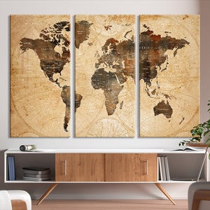 Sepia World Map Wall Art Canvas Print, Map for Travel Lover, Watercolor ...