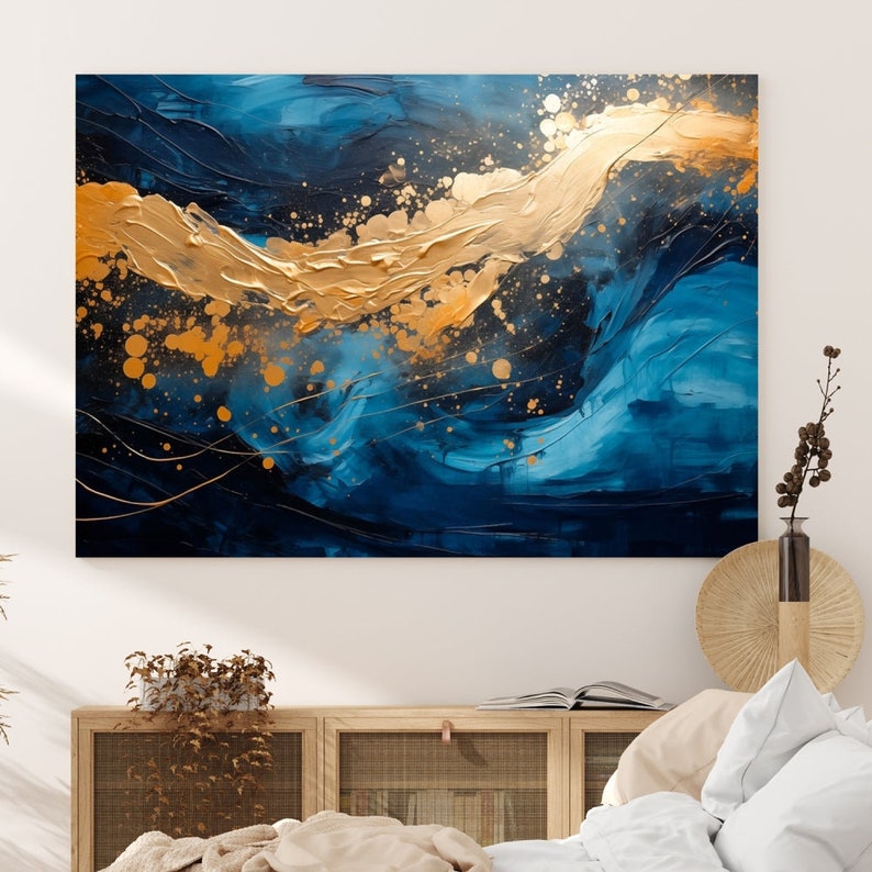 Navy Blue Gold Abstract Wall Art, Modern Home Decor, Multi Panel Wall ...