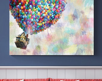 Up Pixar Wall Art, Pixar Canvas Print, Decor kinderkamer, Disney cadeau, Up Movie Wall Art, Kleurrijke ballonnen Canvas Cartoon Movie Decor Kwekerij
