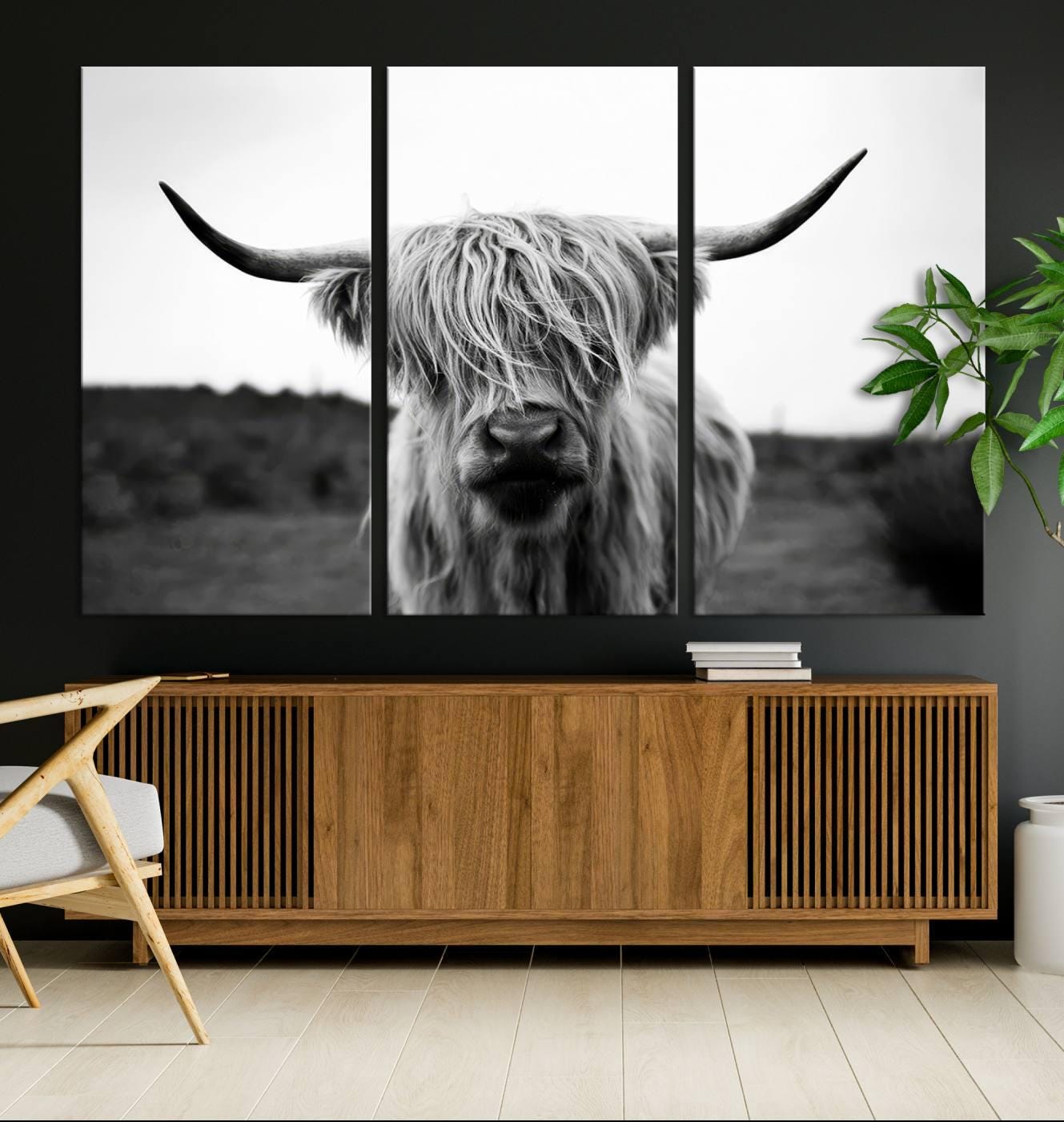 Highland Cow Longhorn Canvas Wall Art - Rustic Farmhouse Decor, Animal Photography for Living Room, Cabin or Office, Minimalist Bull Print