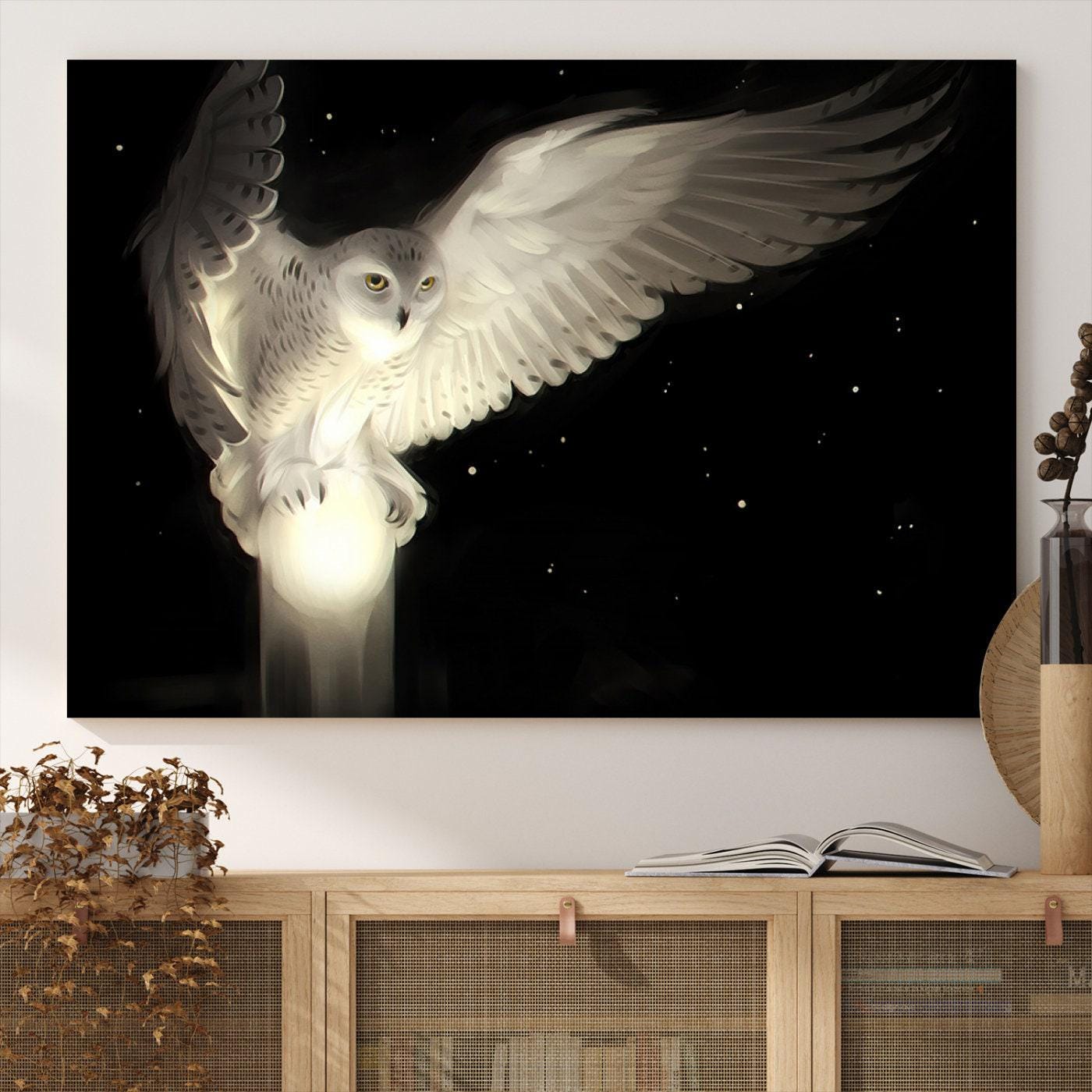 White Owl Canvas Print, Night Predator, Wild Animal Wall Decor