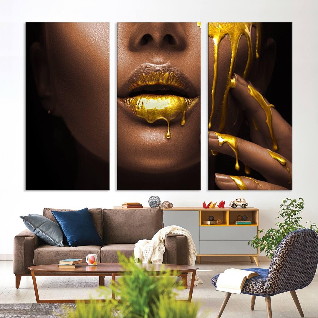 Framed Gold Lips Wall Art Canvas, Modern Abstract Face Canvas Print ...