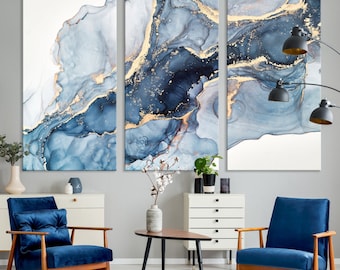 Fluid Alcohol Ink Wall Art with Gold - Blue Modern Organic Abstract Contemporary Print - Artful Corporate Wall Art on Canvas