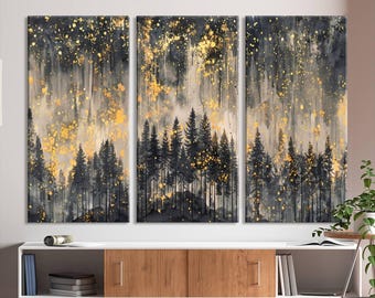 Golden Forest Abstract Wall Art | Dark Forest with Gold Splatter Accents | Triptych Ready to Hang Canvas Print for Modern and Home Decor