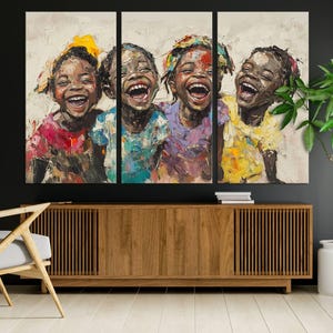 Shai Yossef style canvas wall art featuring joyful African kids in an impasto painting with bold brushstrokes, framed and ready to hang for playroom, kids' room, or nursery decor.
