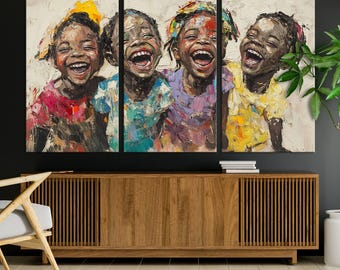Afro American Wall Art, Laughing Kids Canvas Print, Impasto Painting, Happy Black Kids Art, Afro American Multi Panel Art, Smiling Kids