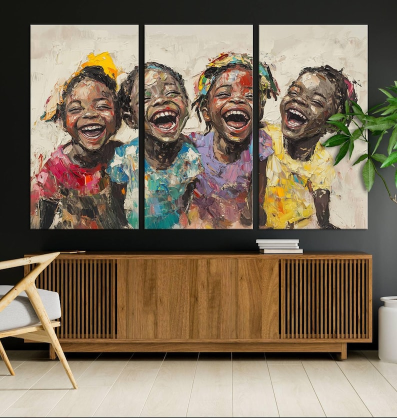Shai Yossef style canvas wall art featuring joyful African kids in an impasto painting with bold brushstrokes, framed and ready to hang for playroom, kids' room, or nursery decor.