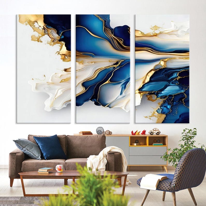 Navy Blue Gold Abstract Canvas Print, Luxury Abstract Wall Art Print ...