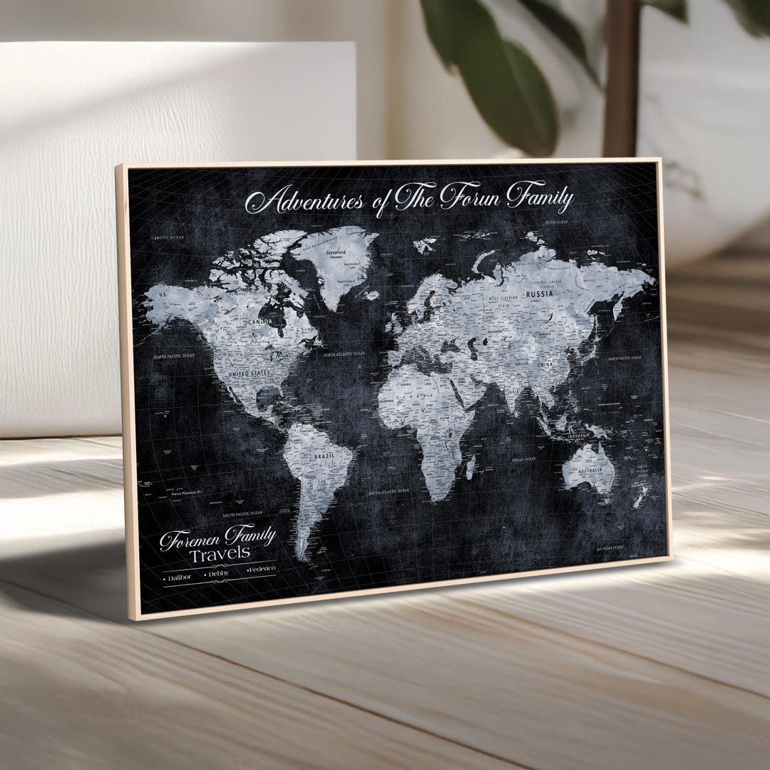 Personalized World Map Canvas Wall Art, Custom Family Travel Map, Dark ...