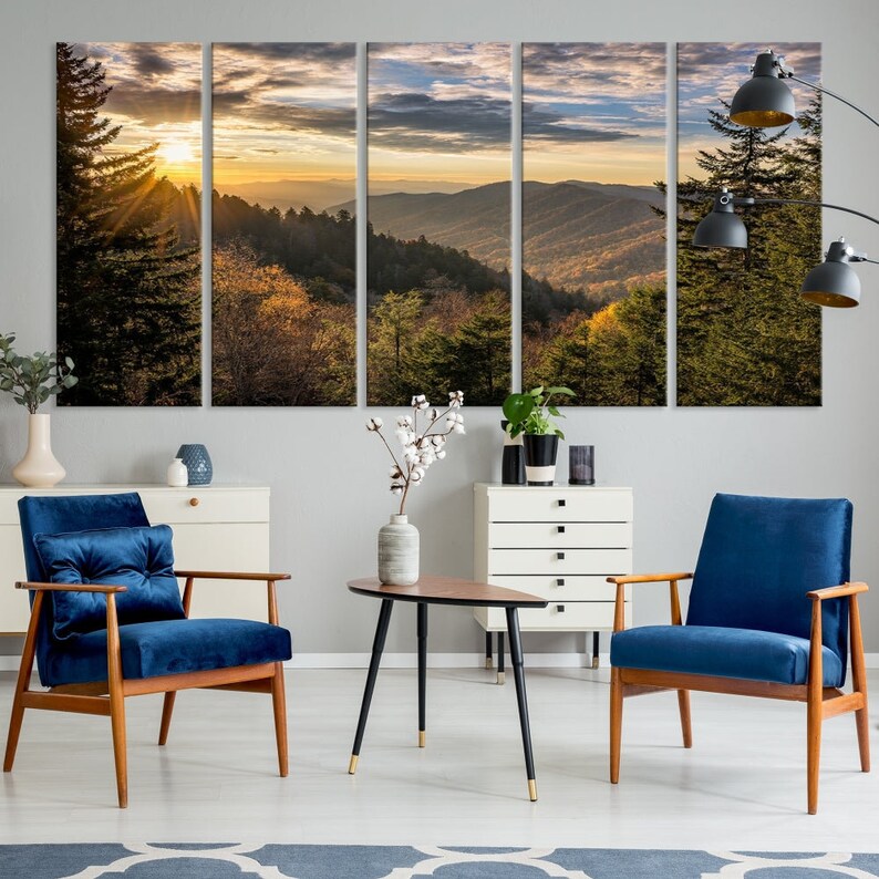 Sunrise in the Smoky Mountains Canvas Print | Landscape Wall Art | Sunset Mountain Forest Large Wall Art Canvas Print for Living Room Decor