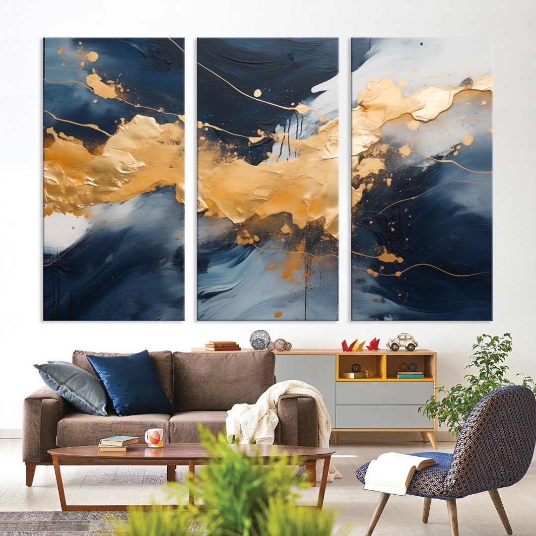 Navy Blue and Gold Abstract Multi Panel Wall Art Canvas Print ...