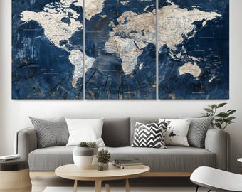 Vintage World Map Wall Art, Blue Push Pin World Map Canvas Print, Large Triptych Map Of The World, Giclée Print, Home Gallery, Map Panel