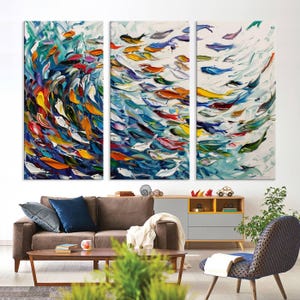 Modern Abstract Fish Shoal Wall Art Canvas Print, Colorful Fish Herd Painting on Canvas Print, Ocean Animal Artwork Ready to Hang Home Decor