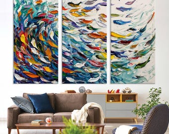 Modern Abstract Fish Shoal Wall Art Canvas Print, Colorful Fish Herd Painting on Canvas Print, Ocean Animal Artwork Ready to Hang Home Decor
