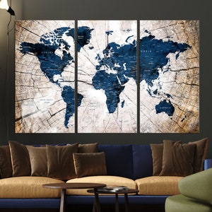 Stampa artistica da parete con mappa del mondo in legno - Mappa dettagliata blu su tela, set da 3 pannelli per viaggiatori, grande mappa del mondo vintage per l'arte domestica