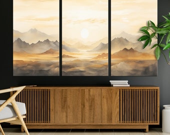 Arte de pared abstracto de montaña amarilla, impresión en lienzo enmarcado, arte de pared extragrande, decoración de pared moderna, decoración de pared minimalista, listo para colgar