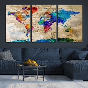 Retro Grunge Push Pin Colorful World Map Wall Art Canvas Print - Ready to Hang Wall Art Traveler Gift for Him or Her, Framed, Ready to Hang
