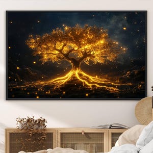 Golden Tree of Life Canvas Wall Art Print - Majestic Glowing Tree Design for Living Room, Office, or Bedroom, Nature Tree Wall Decor Art