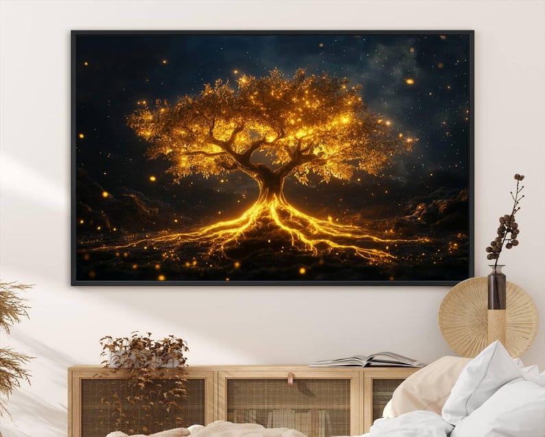 Golden Tree of Life Canvas Wall Art Print - Majestic Glowing Tree Design for Living Room, Office, or Bedroom, Nature Tree Wall Decor Art