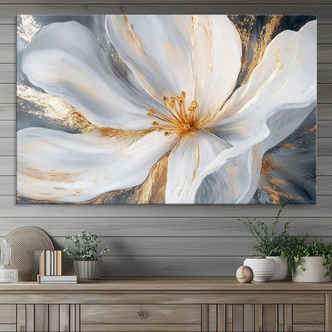 Magnolia Blossom Multi Panel Abstract Gold Flower Wall Art Canvas Print ...