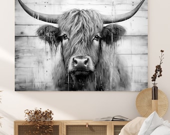 Highland Scottish Cow Black and White Wall Art - Rustic Farmhouse Animal Canvas Print - Framed Ready to Hang