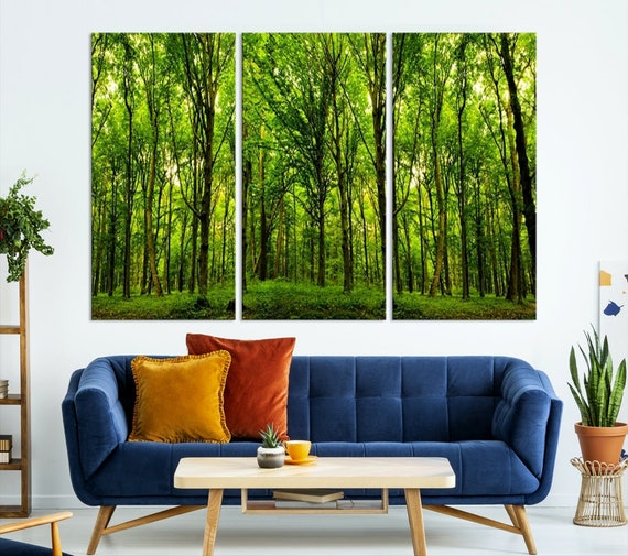 Extra Large Forest Mountain Wall Art Set - 3 Framed Watercolor Tree Paintings, 24x36 Inches