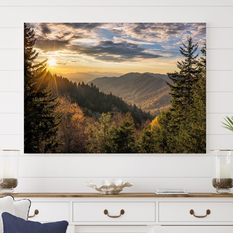 Sunrise in the Smoky Mountains Canvas Print | Landscape Wall Art | Sunset Mountain Forest Large Wall Art Canvas Print for Living Room Decor