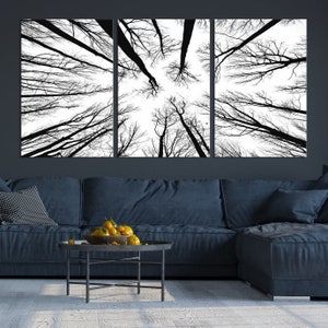 Landscape Canvas Framed Wall Art - Black White Sunset Forest Picture Woodland Painting Nature Tree Scenery Artwork Prints For Bedroom Living Room