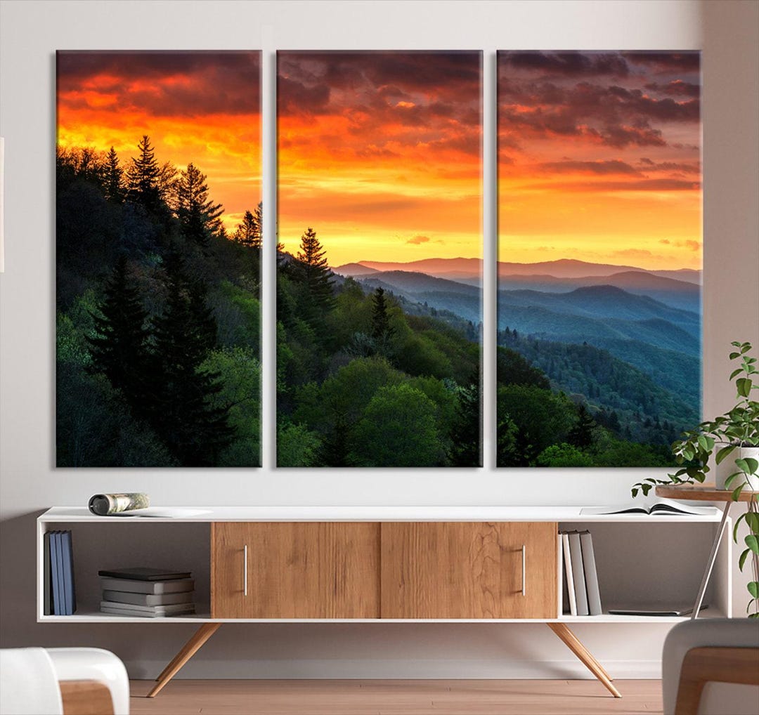 Sunset Mountain Forest Wall Art Canvas Print, Forest Sunset Print ...