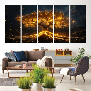 A large 3-panel canvas wall art depicting a luminous tree of life with glowing golden branches and roots against a dark, starry background. Mystical decor for living spaces.