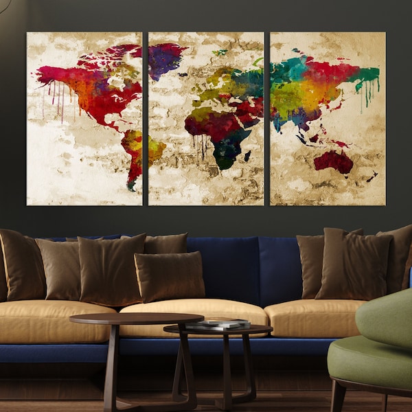 Grunge Watercolor World Map Wall Art Print, Rainbow Color World Map on Canvas Gallery Wrap Wall Art Set, Watercolor World Map Wall Art Print