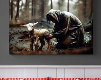 Jesus Found Lost Sheep Wall Art Parable of The Lost Sheep Canvas Christian Wall Art, Jesus Leaves The 99 Print, Bible Wall Art Religious Art