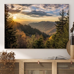 Sunrise in the Smoky Mountains Canvas Print | Landscape Wall Art | Sunset Mountain Forest Large Wall Art Canvas Print for Living Room Decor
