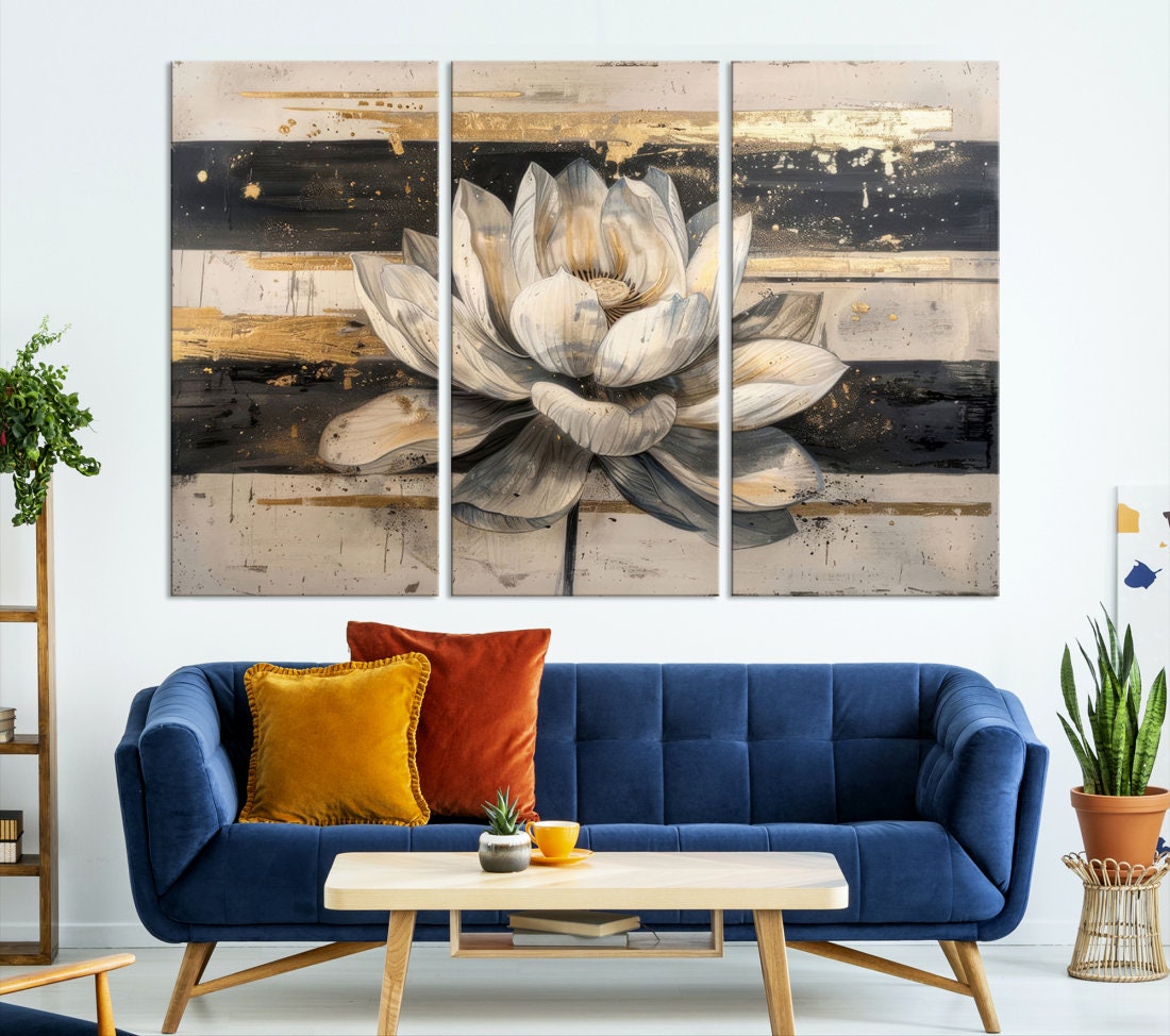 White Lotus Flower Painting Wall Art Canvas Print, Floral Canvas Print ...